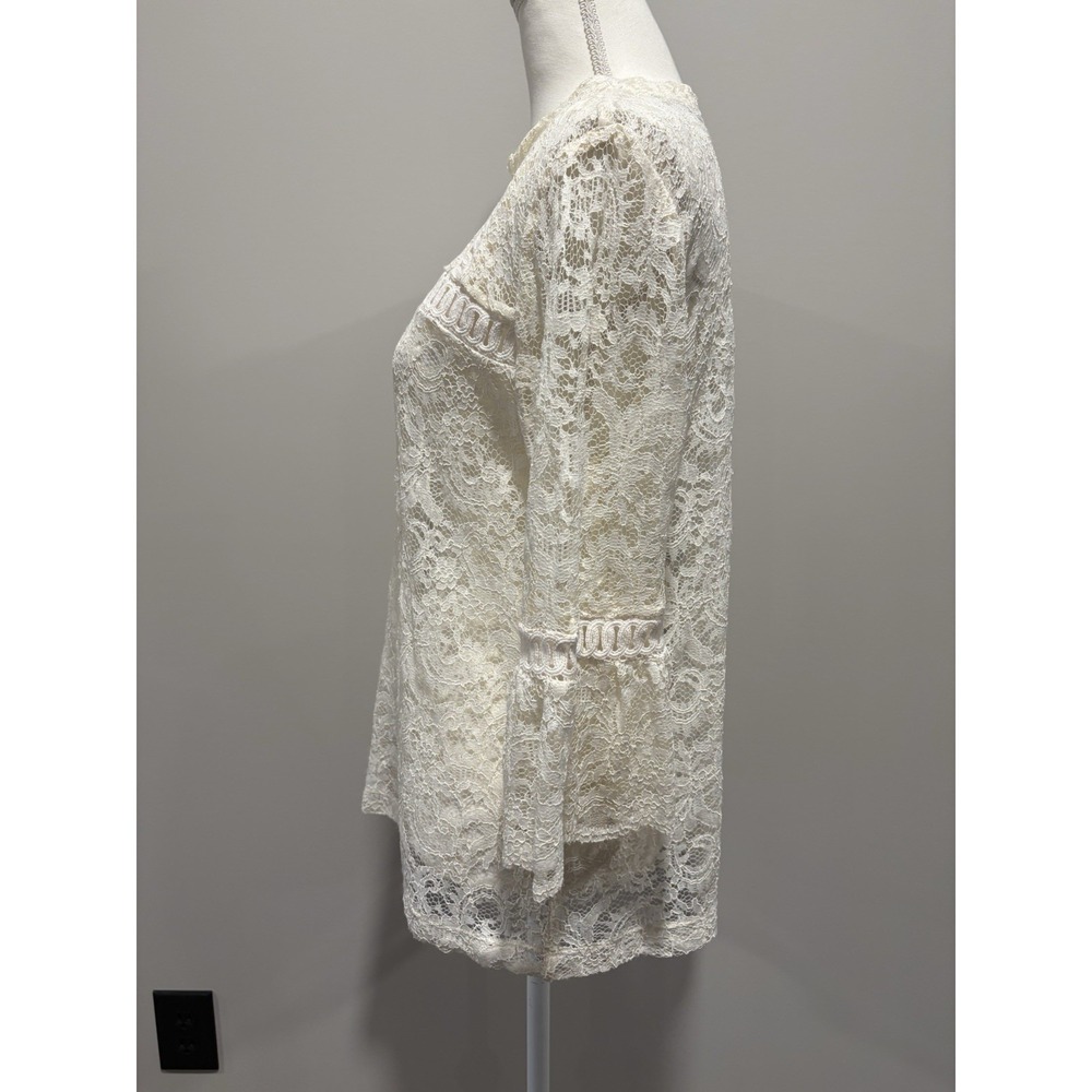 Ann Taylor Loft Women's Large Mock Neck 3/4 Sleeve White Sheer Lace Top Ethereal - Picture 5 of 11